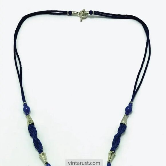 Blue Beaded Pendant Necklace with Silver Tribal Charms and Tassels - Picture 5 of 14